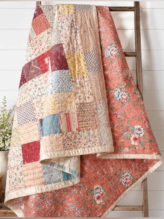 Other - Handmade Patchwork Quilt 76x98 Floral Backing Cottage Farmhouse Queen Size